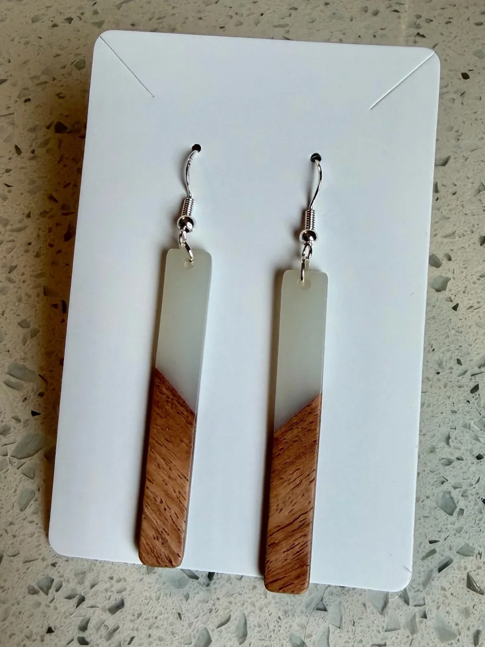 Handmade Natural Wood Resin Drop Earrings 925 Sterling Silver Minimalist Dangle